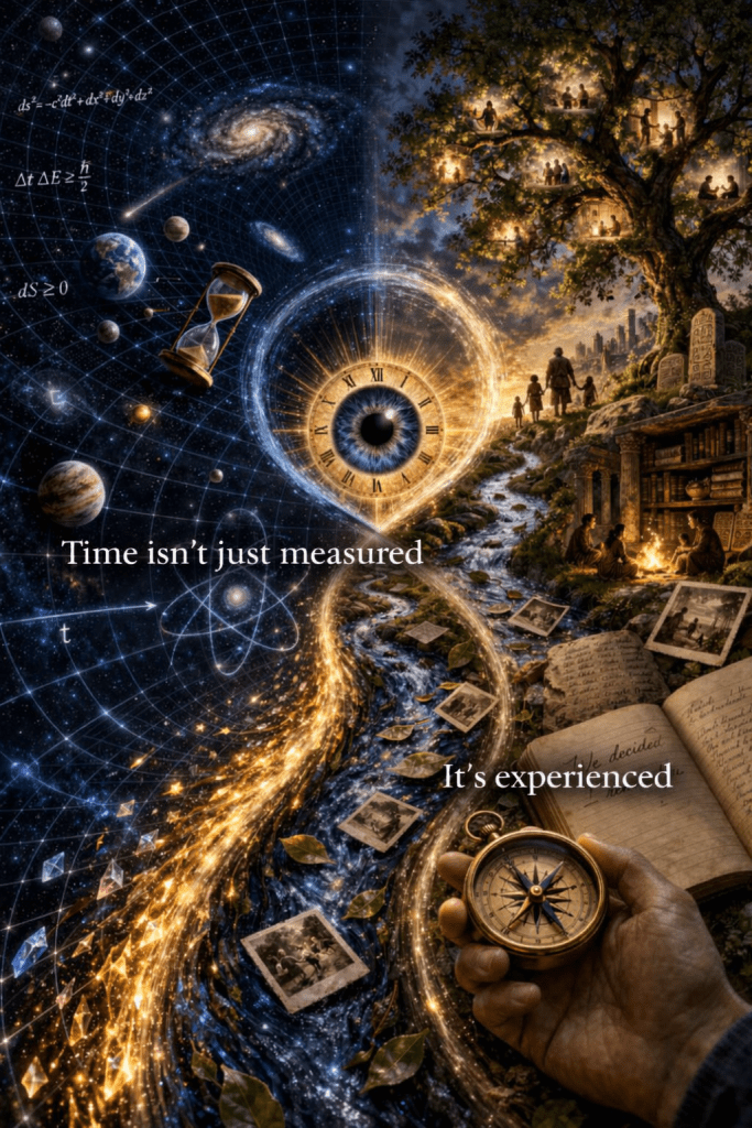 An infinity-shaped flow of time connecting physics, nature, memory, and human storytelling, with a glowing eye at the center and a compass in hand, symbolizing time as both science and personal narrative. Text says," Time isn't measured. It's experienced."