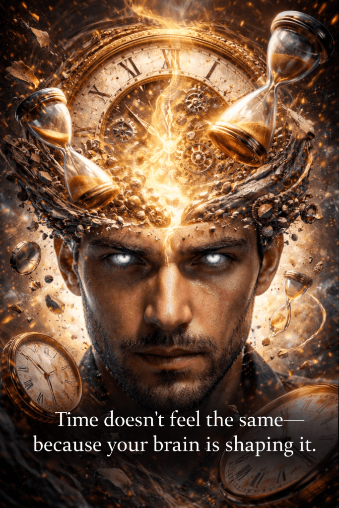 A surreal portrait of a man with glowing eyes, surrounded by floating clocks, hourglasses, and gears exploding from his head, symbolizing intense awareness, time perception, and the mind’s connection to time. Text says, “Time doesn’t feel the same—because your brain is shaping it.”