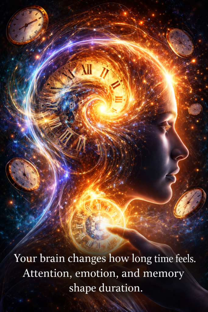 A woman’s profile filled with swirling cosmic light and clock faces, as a hand reaches to touch a glowing clock at her throat, symbolizing control over time and inner awareness. Text says, “Your brain changes how long time feels. Attention, emotion, and memory shape duration.”