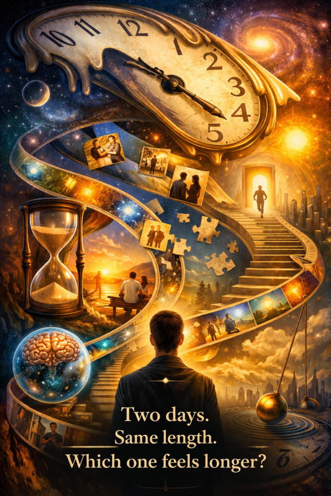 A surreal scene with a melting clock above a spiral timeline filled with memories, puzzle pieces, and a figure walking toward a glowing doorway, representing life choices and the passage of time. Text says, “Two days. Same length. Which one feels longer?”