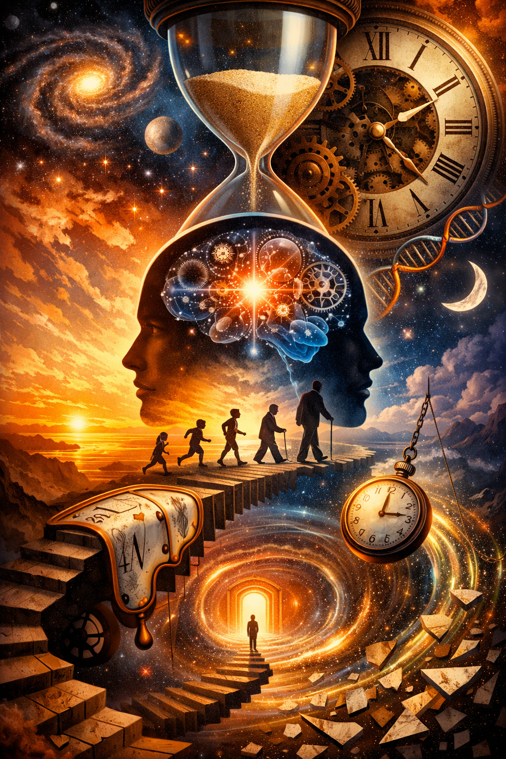 Surreal cosmic illustration of two overlapping human profiles with a glowing brain at the center, surrounded by an hourglass, clocks, galaxies, and a path of human life stages leading toward a glowing doorway, representing time, consciousness, and human experience of time