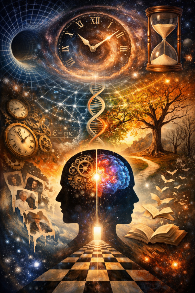 Two mirrored human profiles frame a glowing doorway at the center, with clocks, DNA strands, books, and nature surrounding them, representing knowledge, memory, science, and understanding time