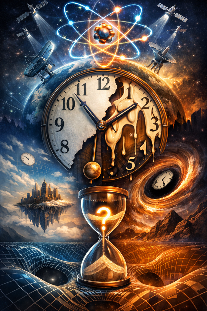 A large melting clockmerging with cosmic elements above an hourglass with a question mark, symbolizing mystery of time and unknown nature of reality
