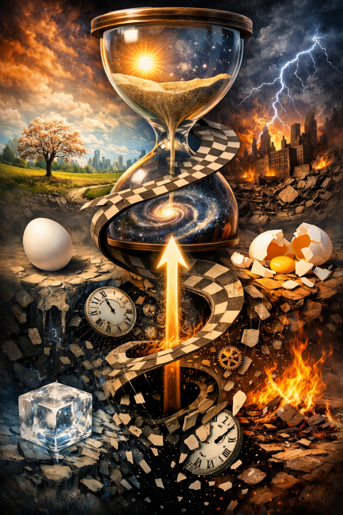 Hourglass connecting peaceful nature and destroyed city while a winding path loops through time, with symbols like fire, ice, broken clocks, and a rising arrow representing entropy, transformation, and arrow of time