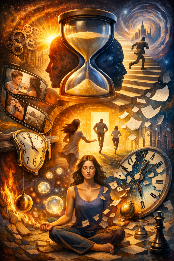 Meditating womansits surrounded by clocks, memories, and life scenes, with an hourglass above and a glowing doorway ahead, representing mindfulness, perception, and human experience of time