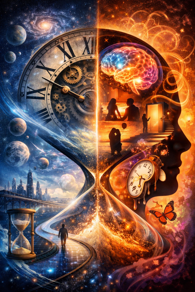 Split human profile blending cosmic space and emotional life scenes with a clock on one side and an hourglass connecting two paths, representing dual nature of time as scientific and experiential