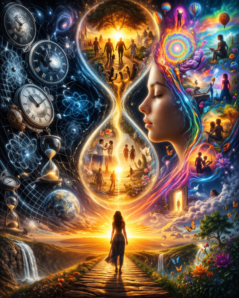 contains scenes of family, relationships, and life moments surrounded by cosmic elements, clocks, and flowing energy,representing time as lived human experience and personal growth