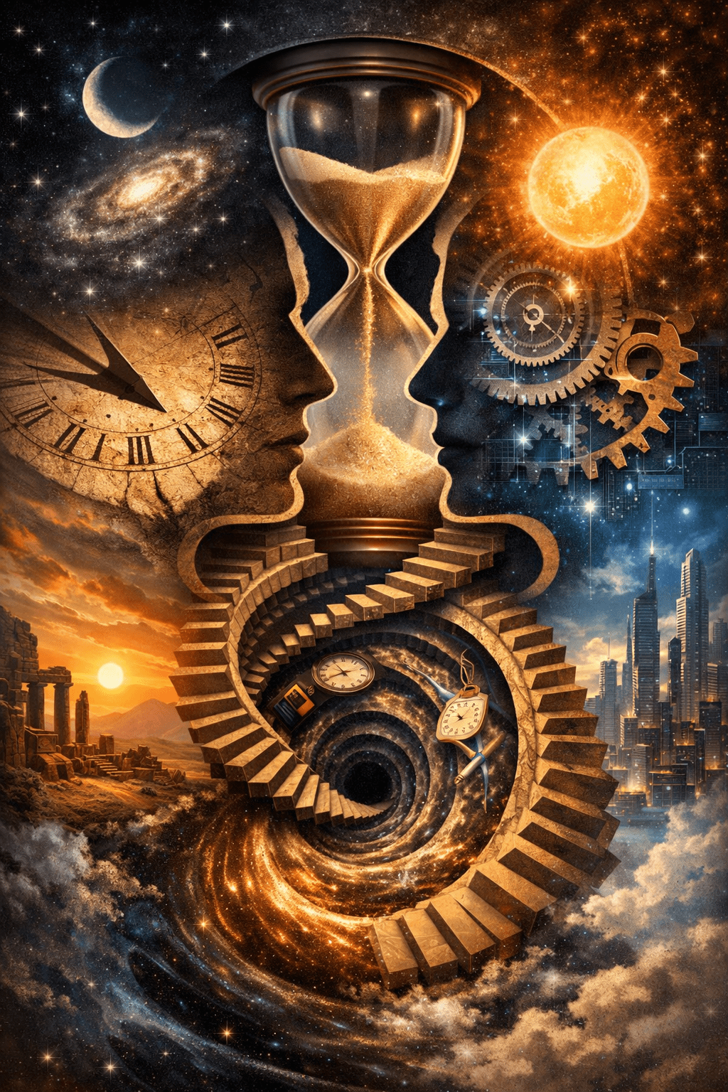 A surreal cosmic composition featuring two human profiles facing each other, forming the shape of an hourglass filled with flowing sand. Above them are galaxies, a crescent moon, and a glowing sun, while below a spiral staircase descends into a swirling vortex of stars and timepieces. One side shows ancient ruins at sunset, the other a futuristic city, symbolizing past and future connected through time.