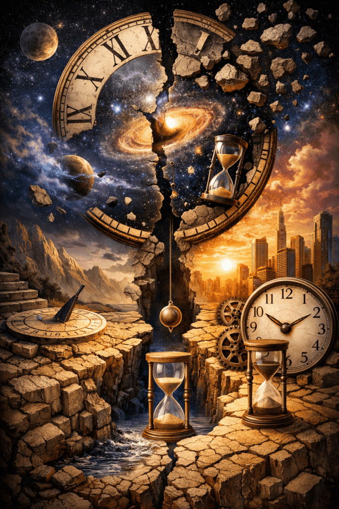 A massive cracked clock splits down the center, revealing a glowing galaxy at its core. Floating debris and broken fragments drift in space. Hourglasses and clocks sit on rocky terrain below, with one side showing mountains and the other a modern city skyline at sunset. A pendulum hangs in the center, emphasizing the division and continuity of time.