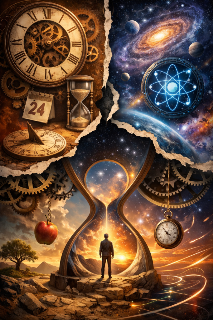 A divided scene blending mechanical time and cosmic reality. One side shows a vintage clock, gears, a calendar page marked “24,” and a sundial, while the other side reveals planets, a galaxy, and an atomic symbol. At the center, an hourglass stands above a lone figure facing a glowing horizon, symbolizing the bridge between measured time and universal time.