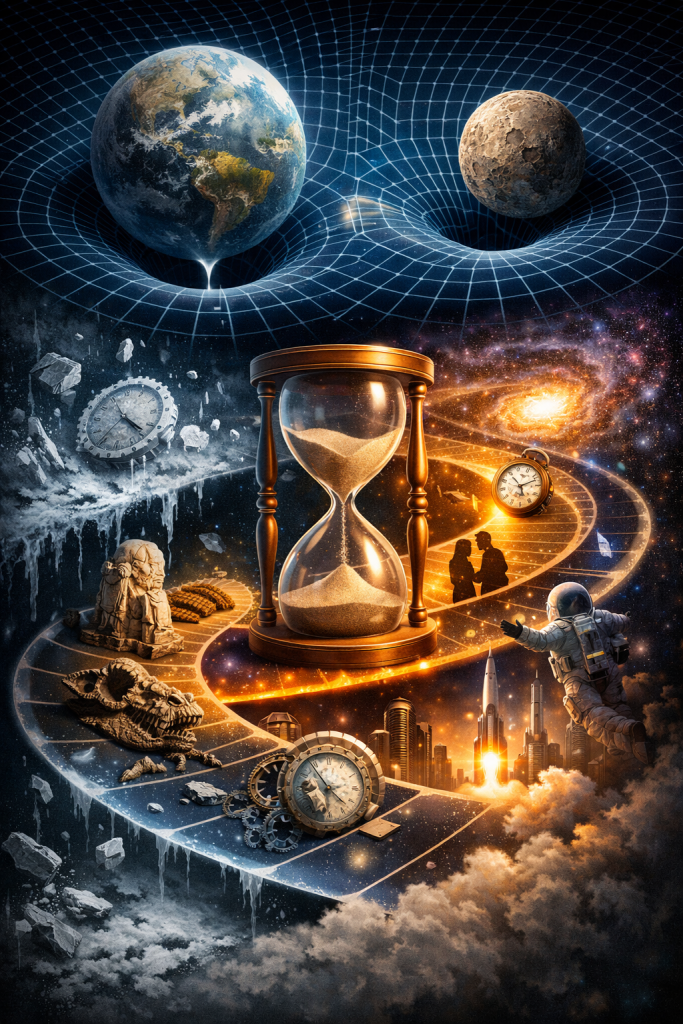 A conceptual illustration of spacetime curvature with Earth and another celestial body resting in a warped grid. Below, an hourglass sits at the center of a glowing path that winds through scenes of history and future, including fossils, ancient artifacts, an astronaut, rockets, and a modern city, representing time as a journey across eras.