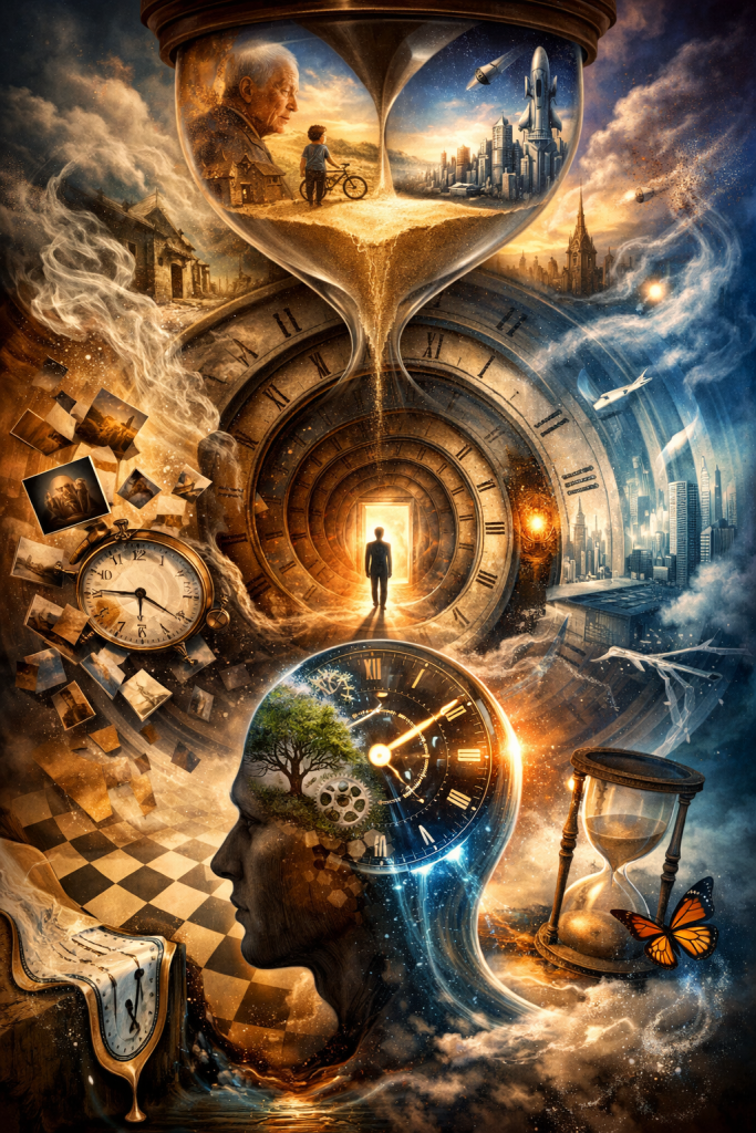 An intricate time collage featuring an hourglass at the top containing scenes of childhood, aging, and futuristic cities. Below, a tunnel of clocks leads toward a glowing doorway with a human silhouette. Surrounding elements include floating photographs, melting clocks, a butterfly, and a human head filled with gears and a tree, symbolizing memory, consciousness, and the passage of time.