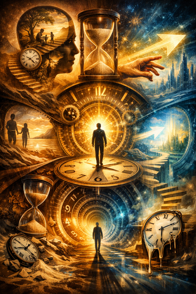 A glowing golden scene with a central figure standing on a large clock face, facing a radiant light. Surrounding imagery includes staircases, arrows pointing forward, silhouettes of relationships, and a city in the distance. Multiple clocks and hourglasses are embedded throughout, emphasizing choice, direction, and the shaping of one’s future.