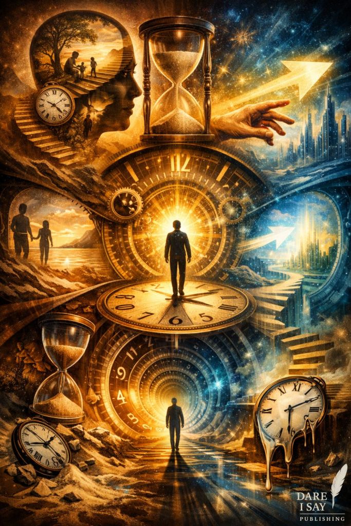 A glowing golden scene with a central figure standing on a large clock face, facing a radiant light. Surrounding imagery includes staircases, arrows pointing forward, silhouettes of relationships, and a city in the distance. Multiple clocks and hourglasses are embedded throughout, emphasizing choice, direction, and the shaping of one’s future. Dare I Say Publishing logo in the lower right corner.