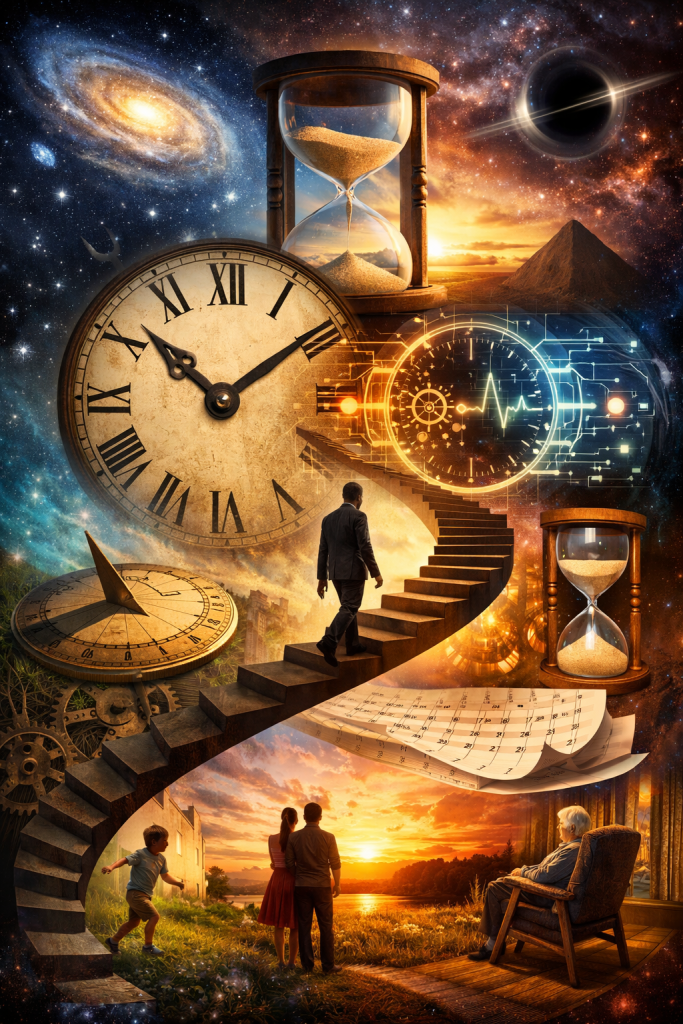 A man walks up a staircase toward a glowing digital clock interface suspended in space. Around him are various timekeeping devices including a large analog clock, a sundial, hourglasses, and calendar pages. Below, a family watches a sunset while an elderly person sits nearby, representing different stages of life within the same temporal journey.