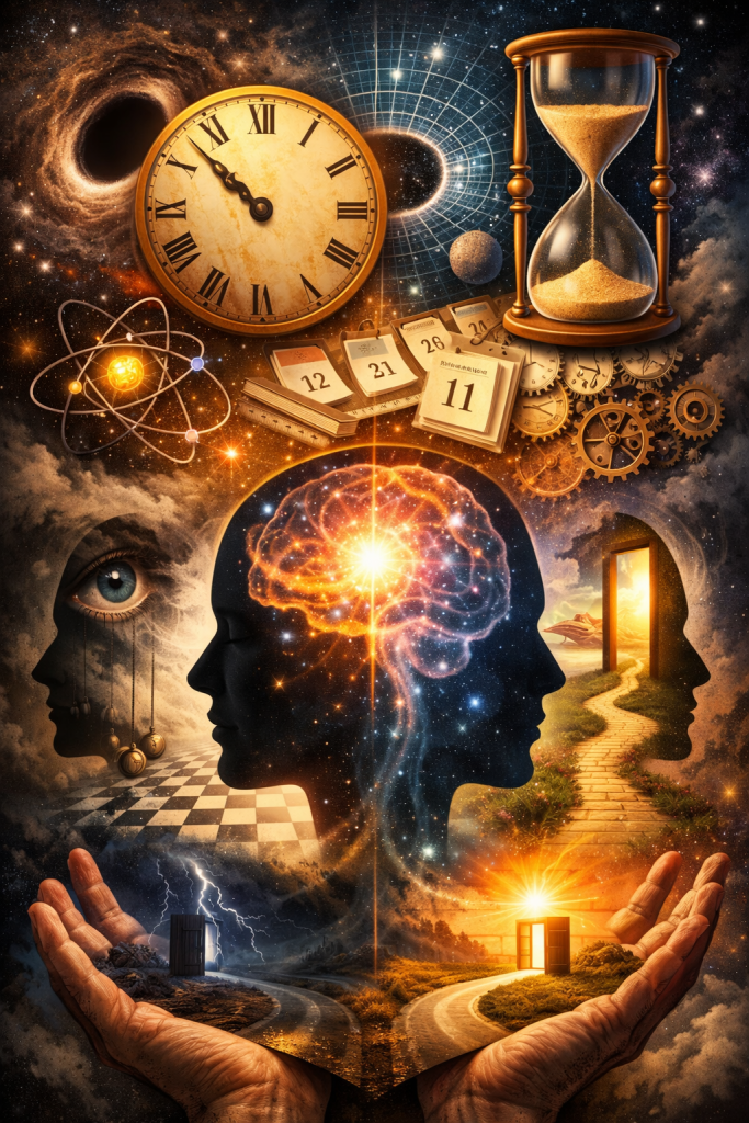 A symbolic image of dual human profiles facing opposite directions, with a glowing brain at the center. Above are clocks, an hourglass, and calendar pages, while below two diverging paths lead to different doorways—one bright and one stormy. Cosmic elements and an atom symbol surround the scene, representing choice, perception, and the mental construction of time.