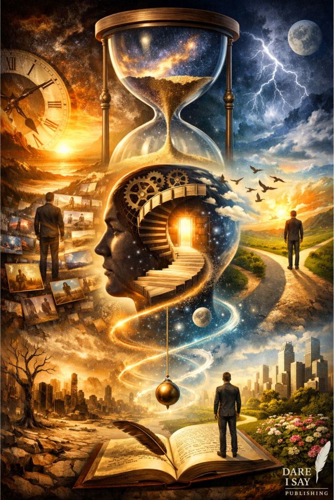 A surreal landscape centered on a large hourglass above a human head filled with gears and a staircase leading to a glowing doorway. A swirling ribbon of light connects different life paths, including a barren city, a thriving green environment, and multiple figures walking separate directions. An open book at the bottom suggests knowledge and narrative shaping reality. Dare I Say logo in the lower right corner