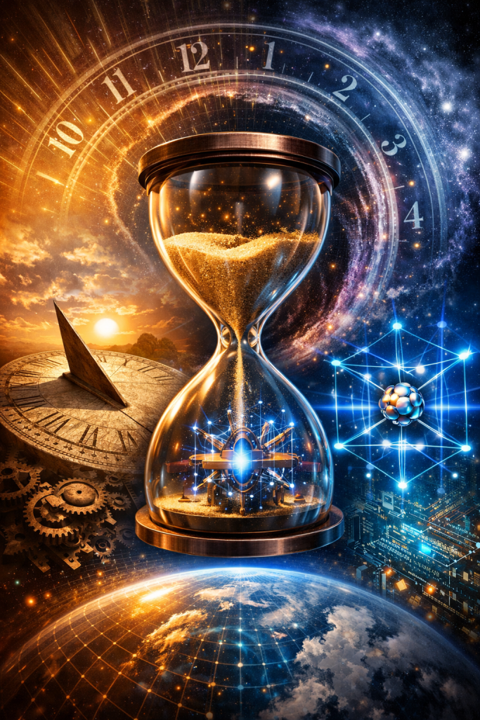 A large hourglass filled with golden sand floats between a sundial, mechanical gears, and futuristic digital networks, with Earth below and a spiral clock face behind it, representing the evolution of timekeeping from ancient tools to modern quantum technology.