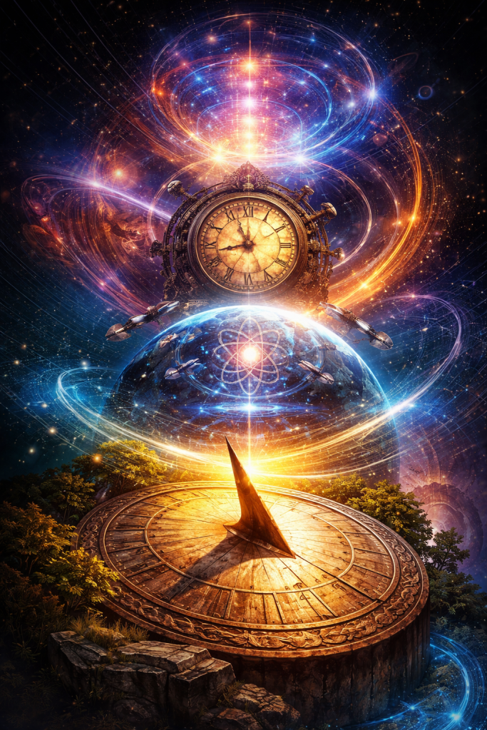 A sundial in the foreground points toward a futuristic atomic device surrounded by gears and clocks, while Earth floats beneath an atomic symbol and satellite, representing the evolution of timekeeping from sundials to atomic clocks.