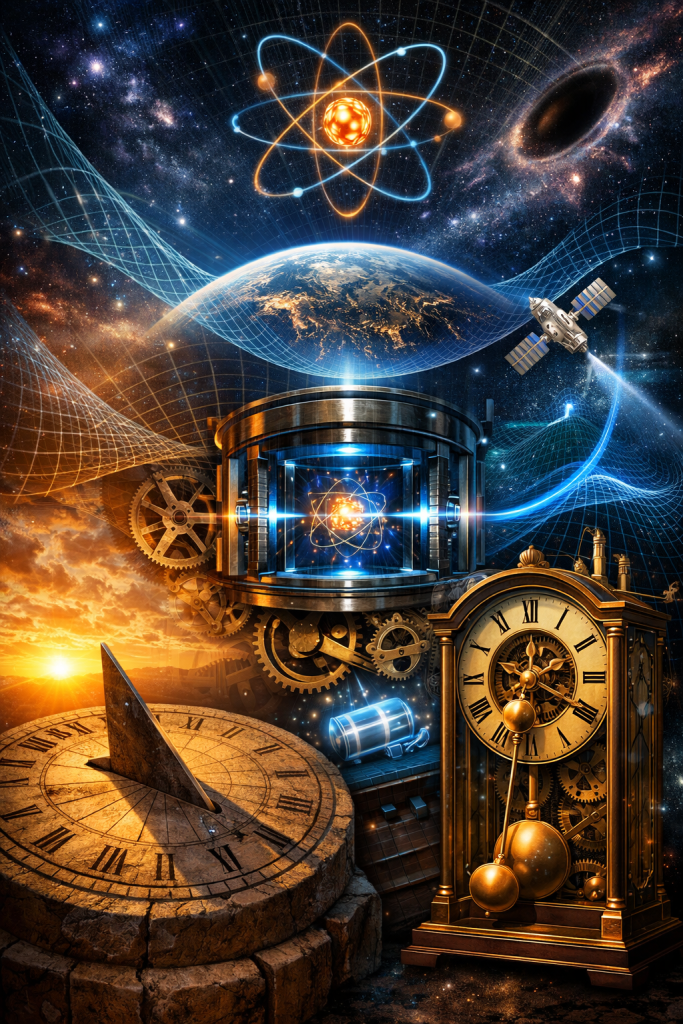 A futuristic scientific device glows at the center of a complex mechanical structure of gears and clocks, beneath a floating Earth and an atomic symbol in space. A sundial and pendulum clock sit in the foreground while satellites orbit above, symbolizing the evolution of time measurement from ancient tools to modern atomic clock technology.