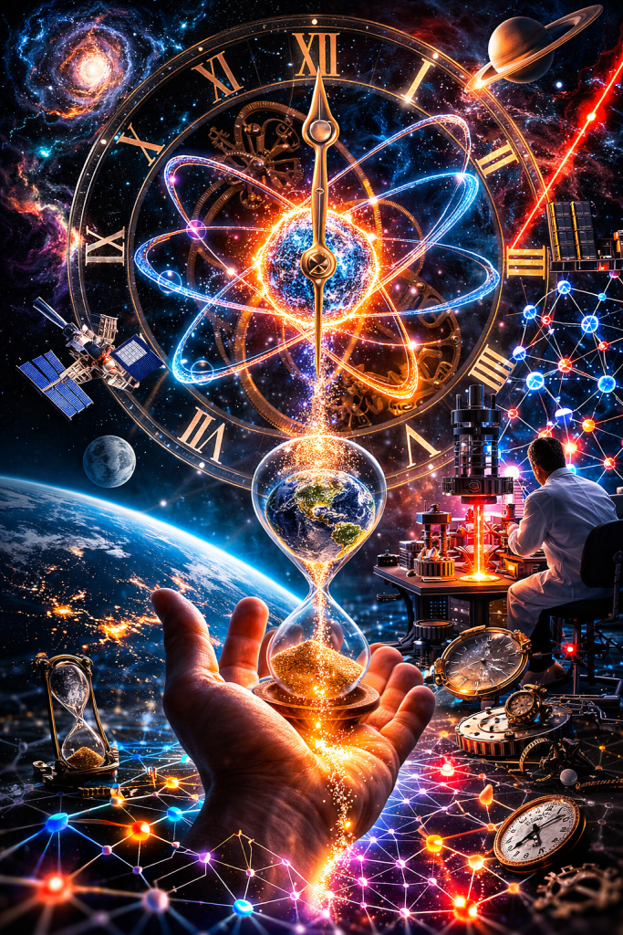 A glowing cosmic clock with Roman numerals surrounds an atom-like energy core while planets, satellites, and galaxies orbit around it. A scientist works at a laboratory bench nearby as an hourglass pours golden sand into a hand above Earth, symbolizing humanity measuring time through science and the cosmos.