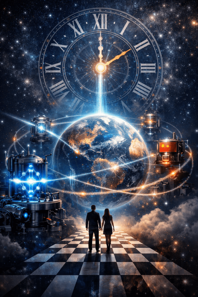 Two figures walk along a checkered path toward Earth floating in space, surrounded by atomic clock machines and orbiting energy rings beneath a giant cosmic clock, symbolizing humanity entering a new era of precision time measurement.