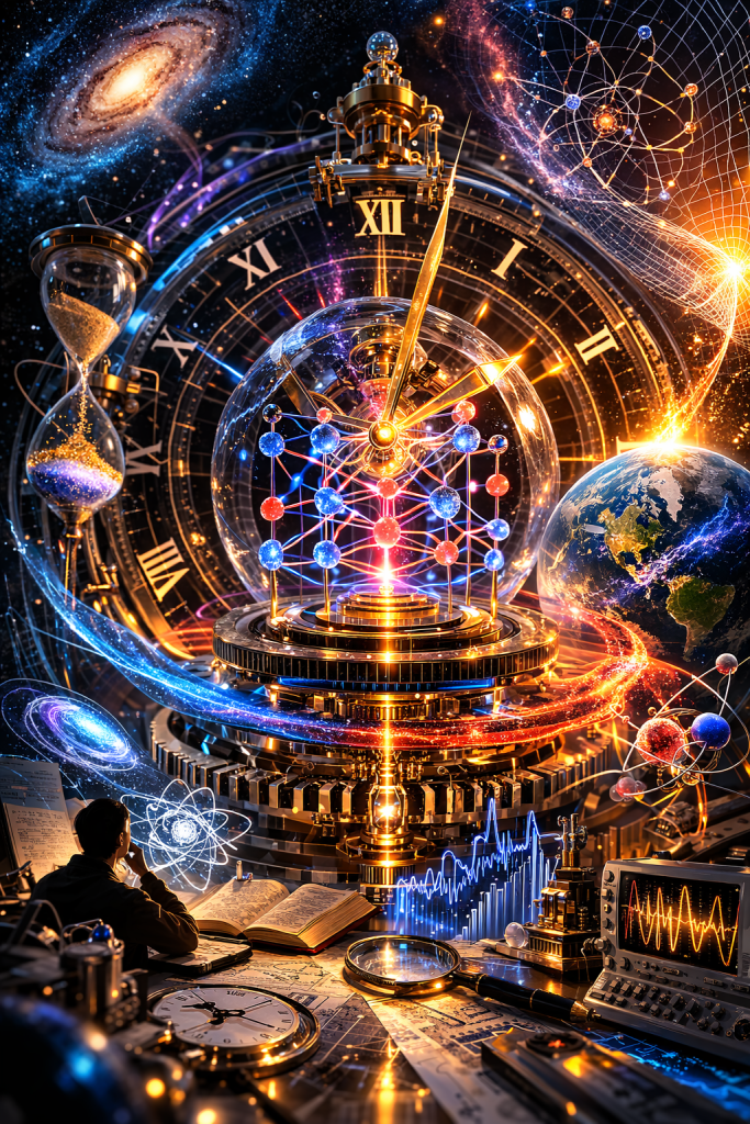 A futuristic atomic clock structure made of glowing nodes and spheres sits beneath a giant cosmic clock while a scientist studies notes at a desk surrounded by instruments, galaxies, and planetary systems.