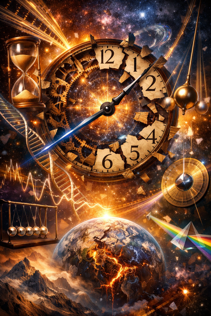 A cracked antique clock bursts open to reveal gears, energy, and cosmic light, surrounded by physics instruments including a Newton’s cradle, prism, DNA strand, and hourglass, with Earth glowing below to represent time, science, and universal forces.