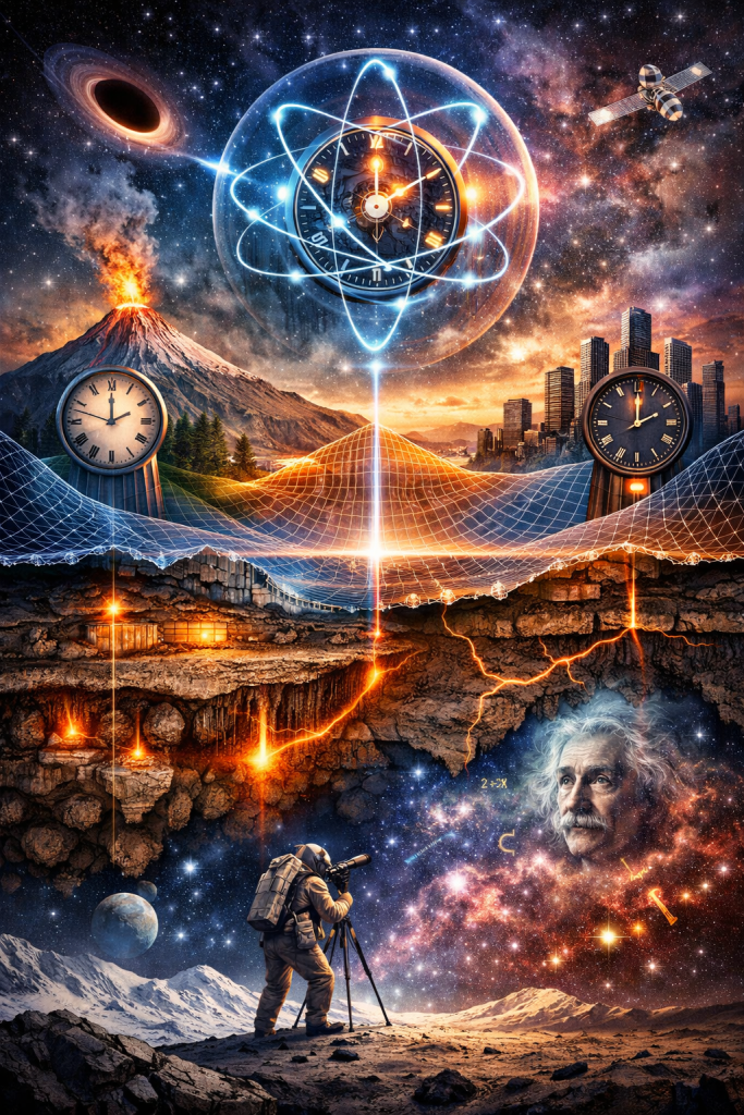 A surreal cosmic landscape showing a volcano, city skyline, satellites, and clocks connected by an atomic structure above a curved spacetime grid, with an astronaut observing the universe and Albert Einstein’s face appearing among the stars.