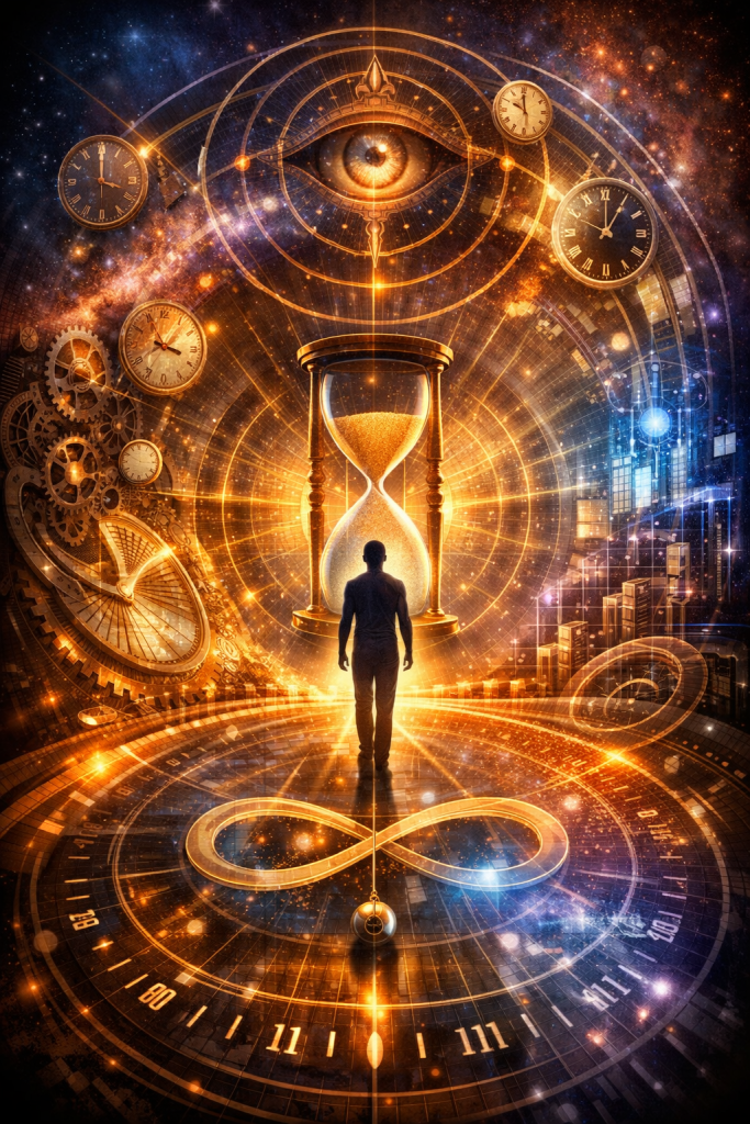 A glowing hourglass stands before a radiant cosmic eye and orbiting clocks while a lone figure walks toward it across an infinity-shaped pathway, symbolizing the philosophical and scientific search to understand time.
