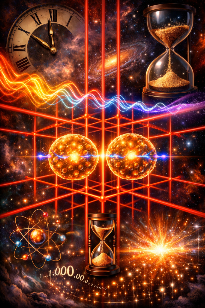 A red grid-like structure contains two glowing atomic spheres facing each other while waves of energy, clocks, hourglasses, and galaxies surround them, representing quantum time measurement and particle interactions.