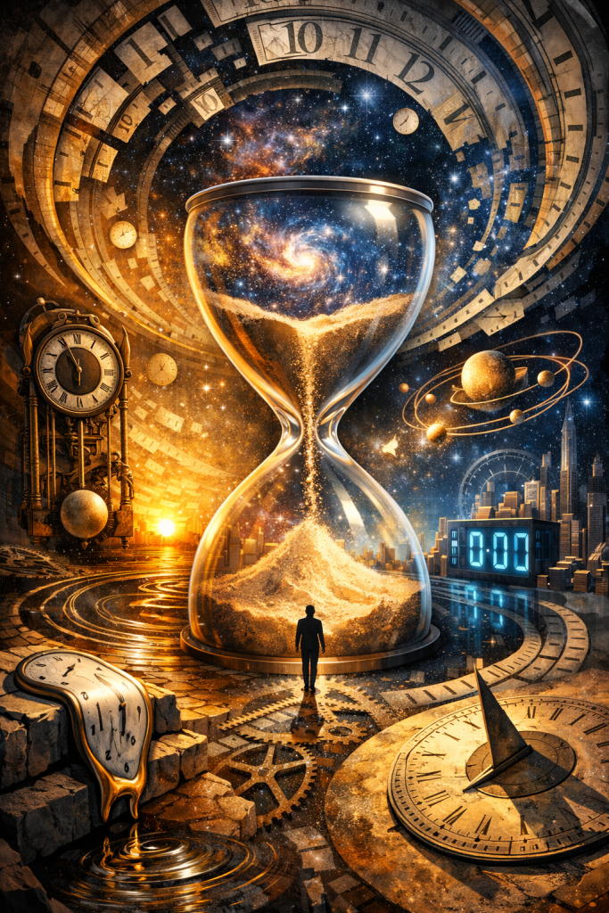 A giant hourglass filled with cosmic sand stands in a surreal world of melting clocks, sundials, and city skylines while a lone figure approaches it, symbolizing the passage of time from ancient measurement to digital precision.