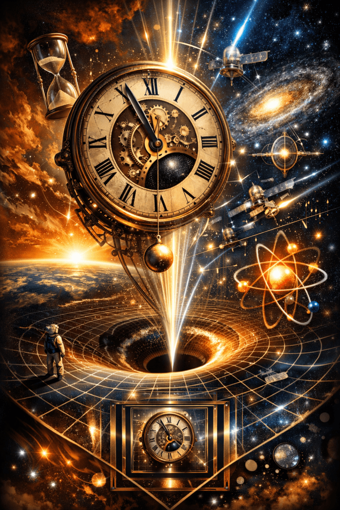 A massive antique clock hovers above a gravitational vortex in space while satellites orbit nearby and atomic structures glow, illustrating the relationship between gravity, time, and cosmic physics.