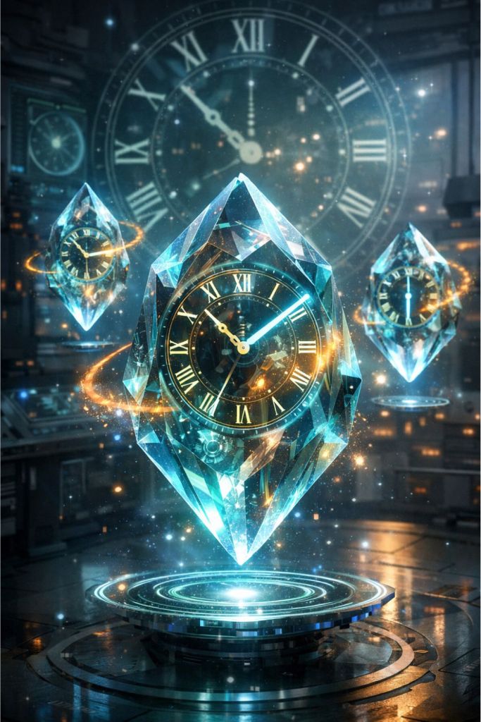 Three large blue crystalline prisms float above a glowing platform in a futuristic laboratory, each containing a clock face — a visual representation of levitating time crystals and temporal order emerging from matter.