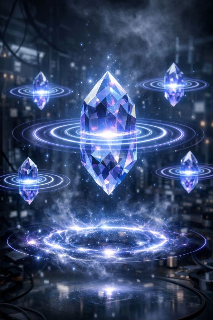 A purple-blue crystal levitates above a glowing circular energy field in a dim laboratory, surrounded by smaller floating crystals and soft rippling rings, evoking suspended temporal motion.