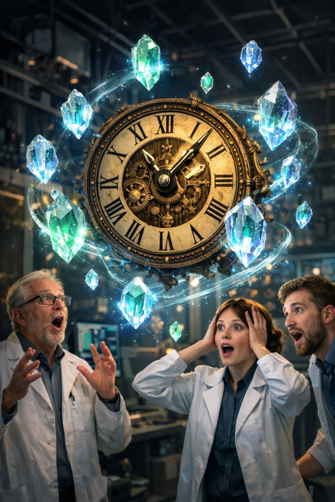 Three scientists in lab coats stare in astonishment at a floating mechanical clock surrounded by glowing blue crystals inside a modern laboratory, capturing the discovery of levitating time crystal systems.
