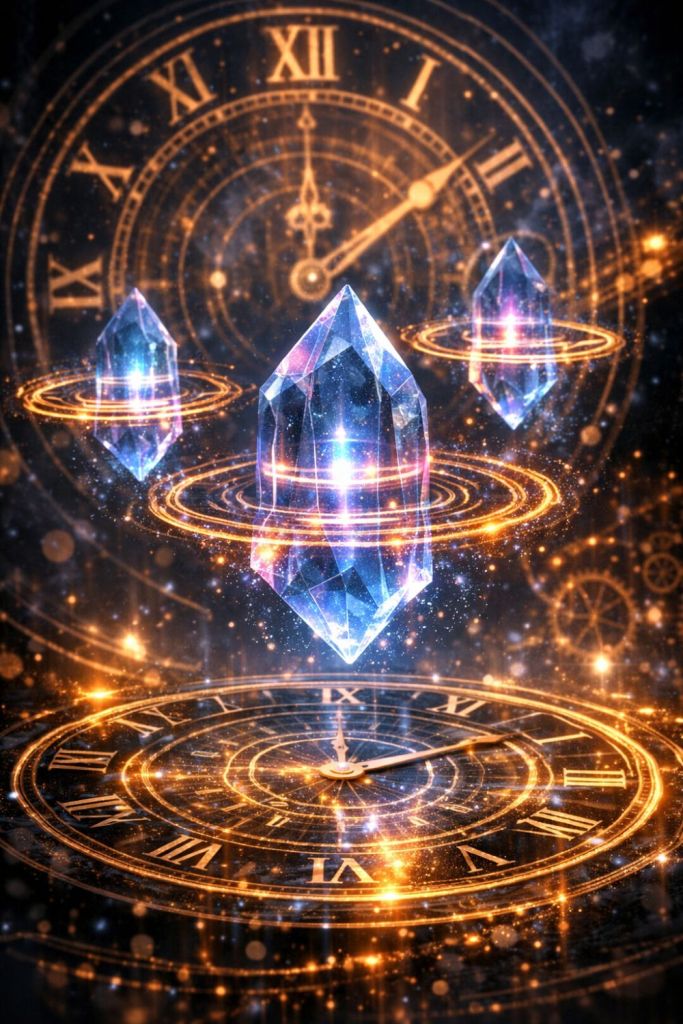 Three luminous crystals hover above circular platforms while golden rings orbit them, with a massive clock face glowing in the background — a symbolic depiction of matter forming rhythmic time patterns.