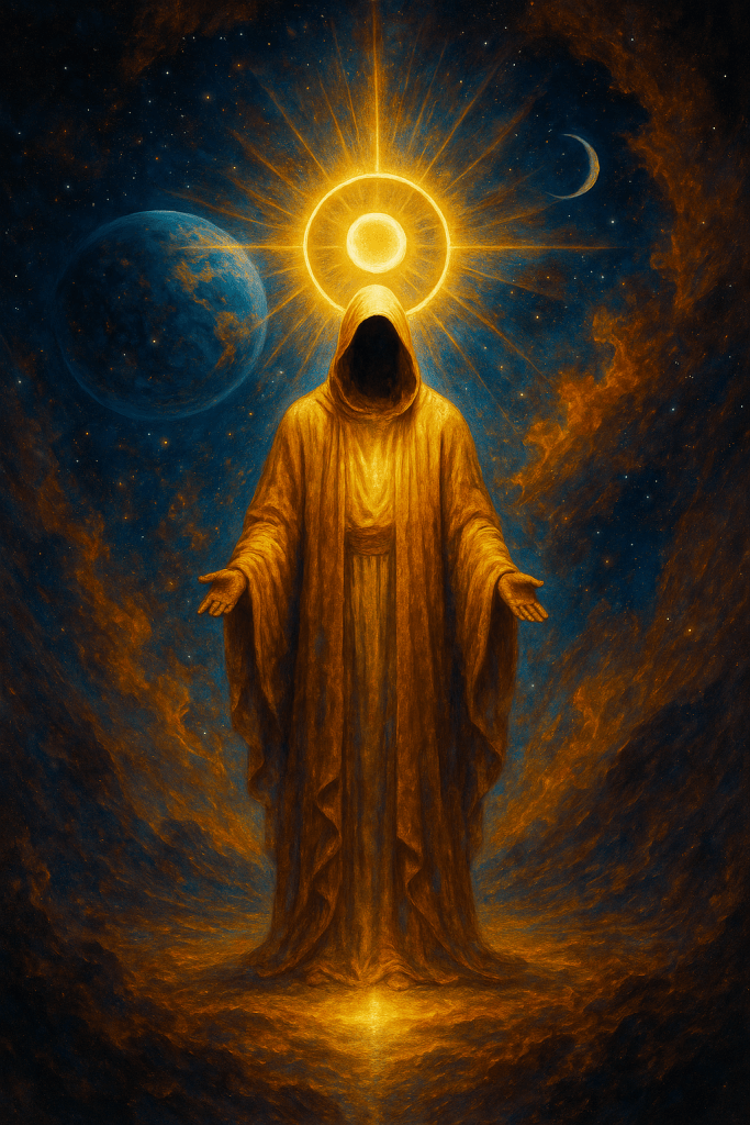 A robed, faceless figure bathed in golden radiance stands before the vastness of space. Behind them align the Sun, Earth, and Moon in a perfect celestial triad. The image evokes mystery, eternity, and the balance of seen and unseen realms.