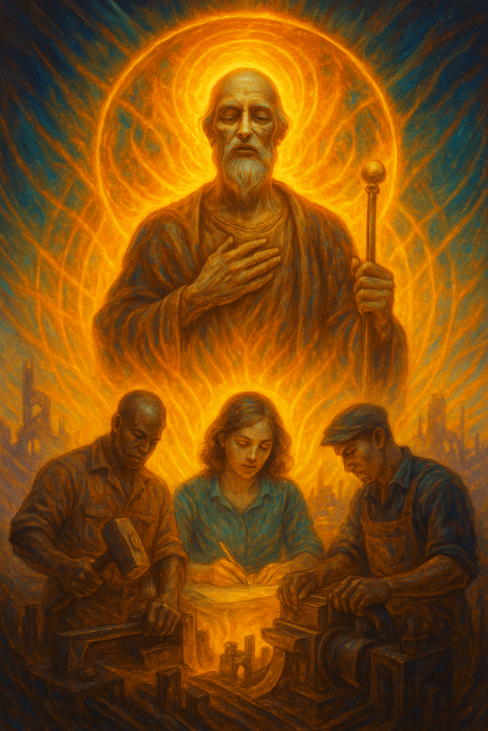 A radiant elder with a golden halo places his hand on his heart and holds a staff, glowing with divine light. Below him, three people—a craftsman with a hammer, a woman writing, and a man shaping metal—work together under his guiding presence. Their forms are illuminated by the same golden aura, symbolizing the sanctity of creation through human hands. 