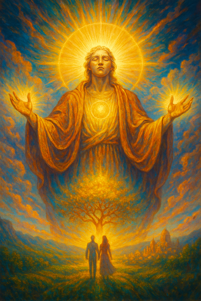 A radiant celestial figure with golden hair and flowing robes extends their arms in blessing. Brilliant light radiates from their heart and head, illuminating a tree of life below where two human figures walk hand in hand toward its glow. The scene embodies divine unity, creation, and love’s return to the Source.