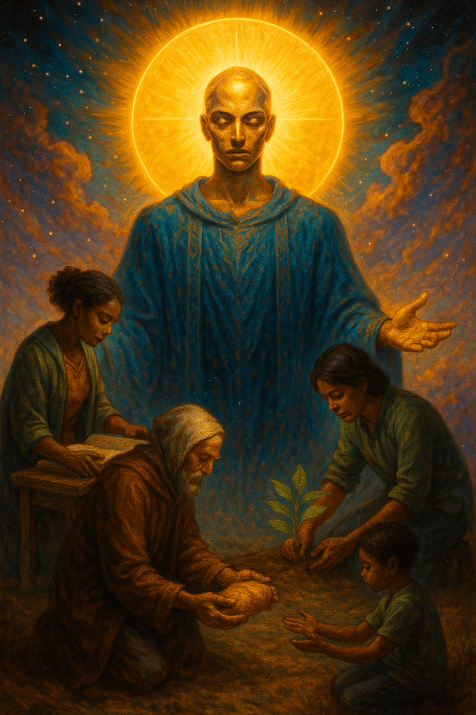 A luminous teacher figure with a golden halo stands in serenity as people below engage in acts of care and learning—reading, planting, offering bread. Each gesture reflects service and renewal under the gentle light of wisdom.
