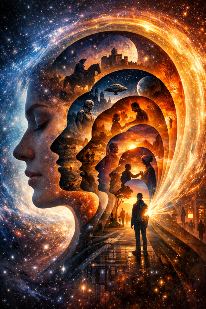A cosmic profile of a human face contains layered silhouettes showing scenes from different eras—knights, futuristic travelers, families, and explorers—symbolizing how stories and reading allow the mind to travel across time, imagination, and human experience.