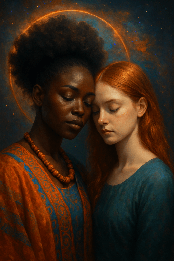 Two women gently resting their heads together, one with dark skin and one with pale skin, framed by a soft glowing halo-like circle