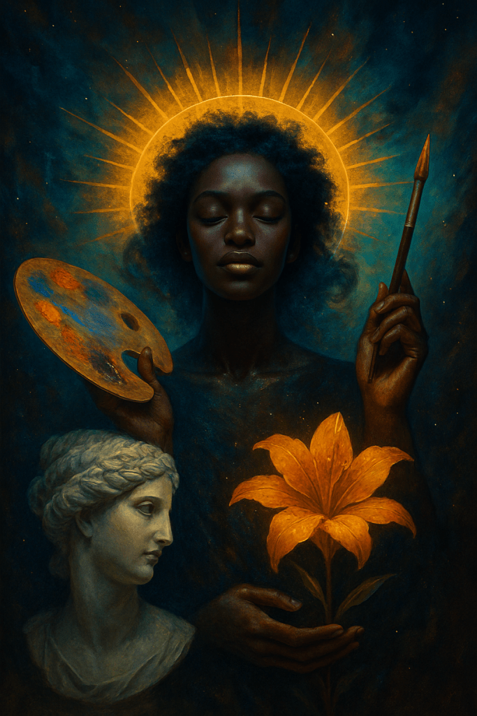 Woman holding a painter’s palette and brush with a glowing halo behind her head and a large flower in the foreground, symbolizing creativity and artistry