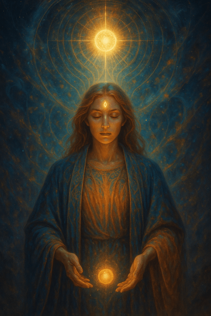 A serene woman in blue robes stands with eyes closed, a radiant orb glowing at her heart and another above her head. Subtle golden energy lines connect both lights, symbolizing the alignment between matter and spirit, the lower and higher self.