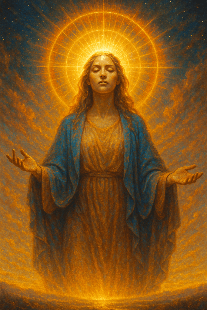 A golden-haired woman stands bathed in soft celestial light, her blue robe blending into the dawn sky. A brilliant halo encircles her head, her arms open in calm benediction. The atmosphere conveys inner peace, divine feminine strength, and awakening.