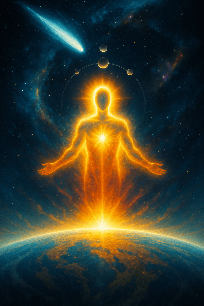 A radiant golden figure rises above the Earth, light streaming from its heart and crown into the cosmos. Planets orbit overhead, and a brilliant comet cuts through the starlit sky. The image symbolizes humanity’s divine emergence and connection to the greater celestial order.