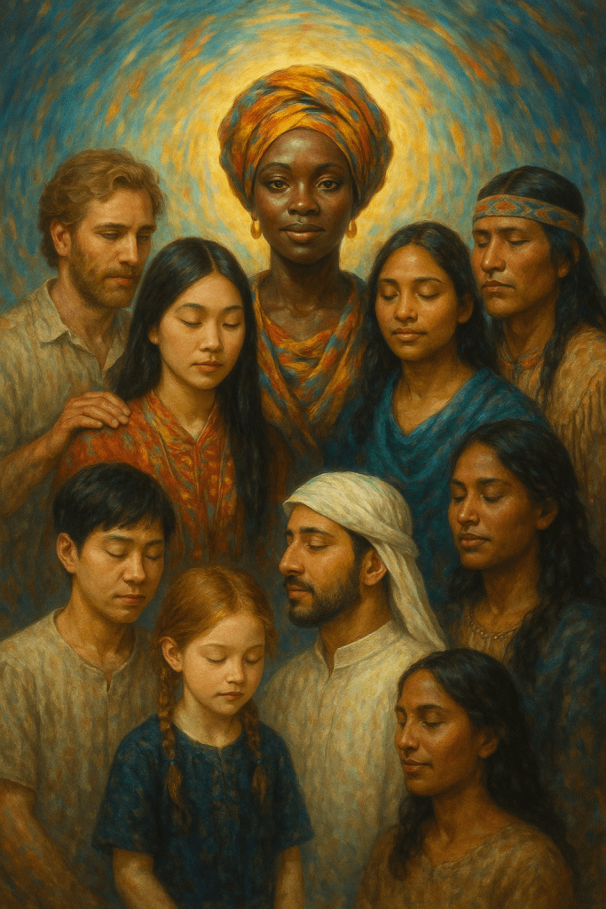 Group portrait of diverse people with eyes closed in a peaceful, unified composition, suggesting harmony and shared humanity