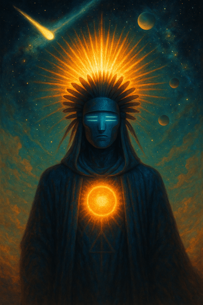A mysterious figure cloaked in deep blue stands beneath the stars, a glowing golden sun burning within their chest. A headdress of radiant light crowns the being, while planets and comets orbit in the vast cosmic expanse behind them. The image evokes ancient cosmic guardianship and spiritual intelligence.