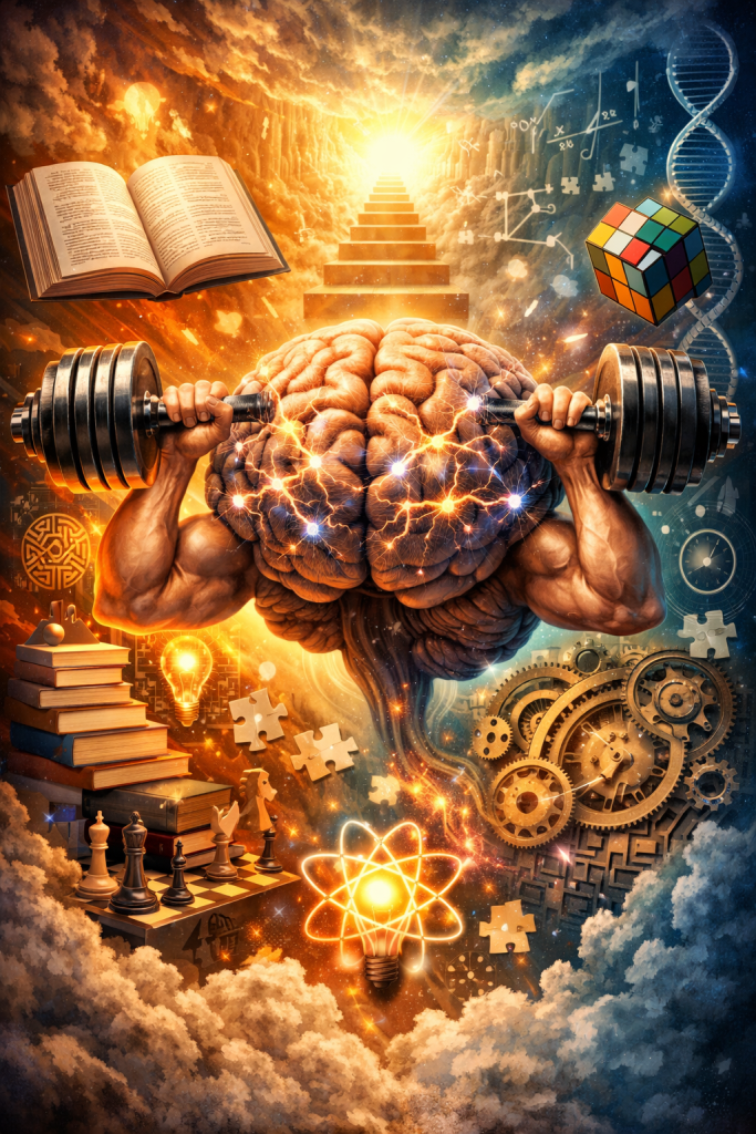 A powerful brain lifts heavy weights while surrounded by books, puzzles, chess pieces, DNA strands, and scientific symbols, representing how reading strengthens intelligence, memory, problem solving, and cognitive ability.